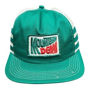 Vintage Mountain Dew Hat 3 Stripe Trucker Snapback Green White Made in USA